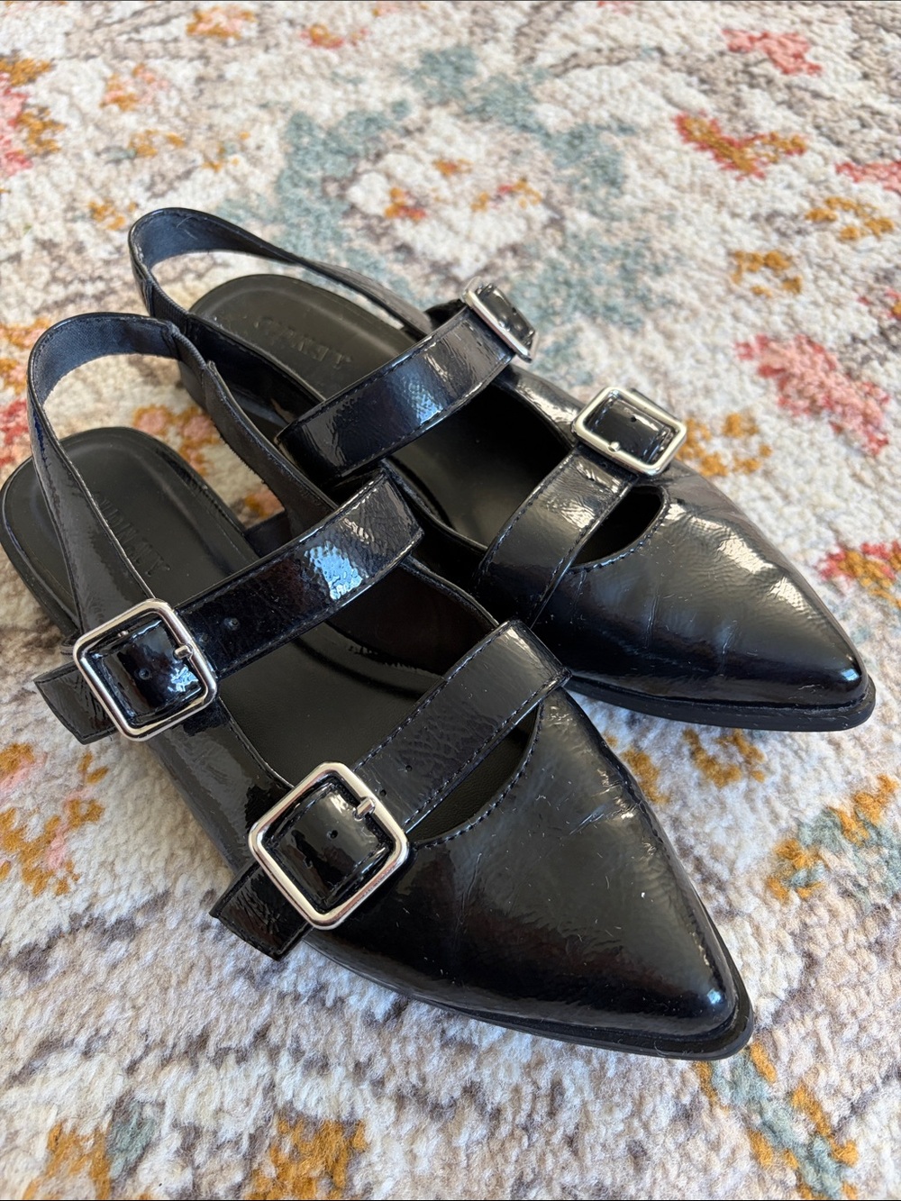 Old Navy Black Patent Pointed Mary-Jane Slingback Flats with Buckles
